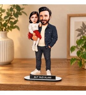 Kişiye Özel Baba Kız Karikatürlü 18 cm MDF Masaüstü Biblo - Baba Hediyesi