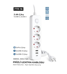 FTR/16 3680W 16A 3 Priz, 2 USB, 1 Type-C, 1.8 Metre Akım Korumalı Priz