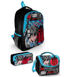 Coral High Kids Siyah Mavi Anime Desenli 3'lü Okul Çanta Seti SET0123666