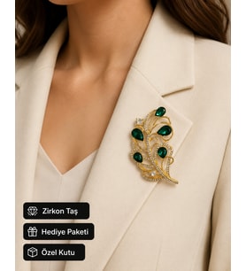 Hediye Zümrüt Yeşili Taşlı Gold Renk Kadın Broş Rozet