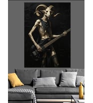 Elektro Gitar Çalan Rockçı Keçi Başlı Adam Figürü Karanlık  Dekoratif Kanvas - Mdf Ahşap Tablo