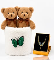 Peluş Saksıda Peluş Ayıcık Buketi ve Mikail Meleği Kolye Kadına Sevgiliye Arkadaşa Hediye Seti