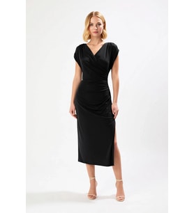Kadın Kruvaze Yaka Kolsuz Midi Bodycon Örme Elbise Büzgü Detaylı Rahat Kesim Günlük Modern Şık Zarif