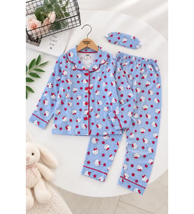 Desenli Göz Bantlı Kız Çocuk Mevsimlik Pijama Takımı - Mavi