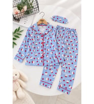 Desenli Göz Bantlı Kız Çocuk Mevsimlik Pijama Takımı - Mavi