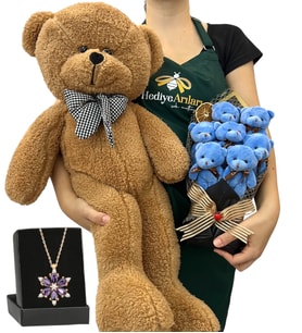 7'li Peluş Ayıcık Buketi, Gerçek Ametist Taşlı Lotus Kolye ve Kahverengi Ayıcık (Model 5)