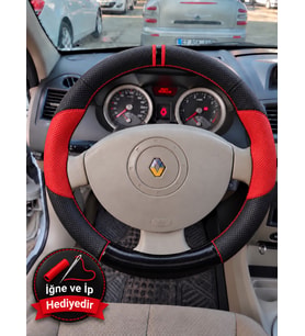Renault Scenic 2 Dikme Direksiyon Kılıfı Parlak Siyah Kırmızı Detaylı Kırmızı Çift Yüzük ve Dikiş 2003-2009