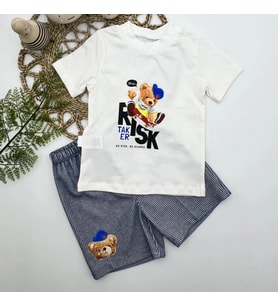 1-2-3 Yaş Kaykaycı Ayı Baskılı Şortlu Kısa Kollu Tişört 2li Erkek Bebek Takımı İndigo