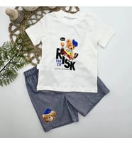 1-2-3 Yaş Kaykaycı Ayı Baskılı Şortlu Kısa Kollu Tişört 2li Erkek Bebek Takımı İndigo