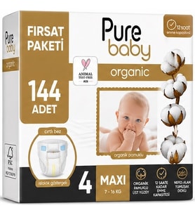 Pure Baby Organik Bebek Bezi 4 Beden 7-16 KG Maxi 144 Adet Aylık Fırsat Pk