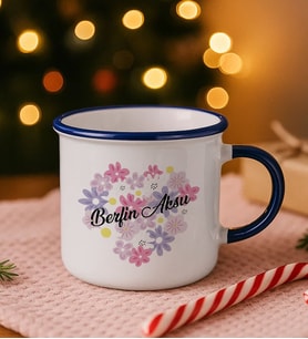 BK Gift Kişiye Özel Çiçek Tasarımlı Lacivert Emaye Kupa Bardak -17, Arkadaşa Hediye, Sevgiliye Hediye