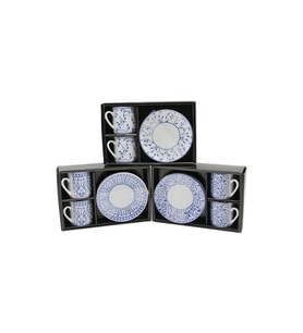 MAVİ - BEYAZ 4PCS=2-TAKIM  PORSELEN KAHVE FİNCANI  ÇİÇEK - ÇİZGİ - NOKTA MİX DESEN (4767)
