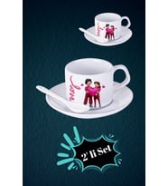 Sevgililer Günü Kalp Love Baskılı 2’li Set Kaşıklı Porselen Çay Kahve Fincan Seti-1