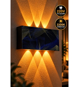 Siyah Mavi Altın Desenli 12W 2200K Amber Işıklı 3 Gözlü Yukarı Aşağı Dekoratif Duvar Apliği 16 cm