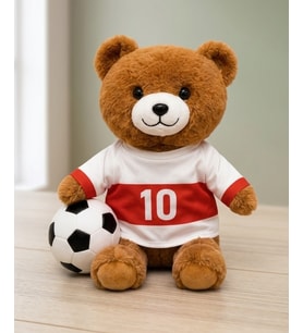 Oyuncak Peluş Kırmızı Beyaz Formalı Futbolcu Ayıcık 45 cm
