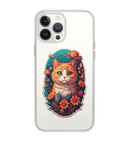 Iphone 12 Pro Uyumlu Çiçek ve Kedi Tasarımlı Şeffaf Telefon Kılıfı