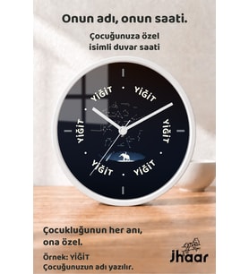 İsme Özel Yıldızlı Kutup Ayısı Çocuk Odası Duvar Saati Orta Boy 30 cm Beyaz Camlı Sessiz