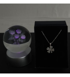 Yonca Kolye Özel Kutuda & Güller Model Cam Küre Işıklı Standlı Set Hediye