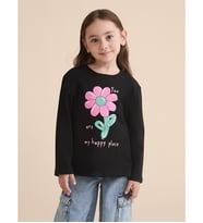 LCW Kids Siyah Bisiklet Yaka Çiçekli Kız Çocuk Tişört