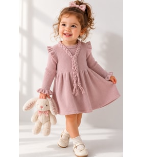 %100 Organik Triko Kız Bebek Çocuk Kemerli Elbise 32125
