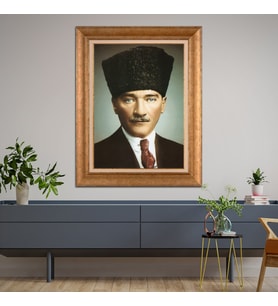 Altın Varaklı Çerçeveli Paspartulu Atatürk Tablo DC0948 (Gold)