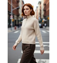 Kadın Oversize Düşük Kol Fermuarlı Dik Yaka Triko Selanik Örgü Basic Uzun Kollu Kazak Kaliteli