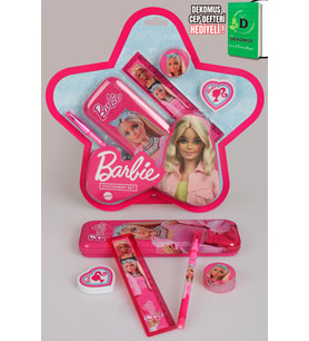 x Dekomus Lisanslı Barbie Yıldız Tasarımlı 5'li Kırtasiye Seti Metal Kalem Kutusu,Cetvel,Kalem