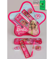 x Dekomus Lisanslı Barbie Yıldız Tasarımlı 5'li Kırtasiye Seti Metal Kalem Kutusu,Cetvel,Kalem