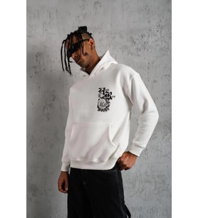 Erkek 3 İplik Pamuklu Kapüşonlu Baskılı Cepli Oversize Sweatshirt Hoodie - Beyaz