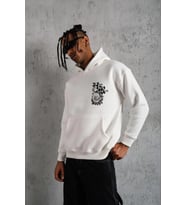 Erkek 3 İplik Pamuklu Kapüşonlu Baskılı Cepli Oversize Sweatshirt Hoodie - Beyaz