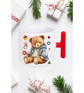 Yeni Yıl Oyuncak Ayı Teddy Bear Baskılı Kırmızı T Saplı Kupa Bardak Porselen Çay Kahve Fincanı