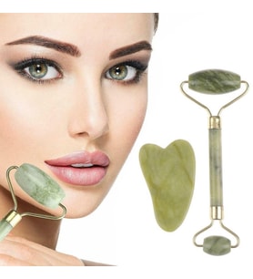 Roichil® Çift Taraflı 2li Cilt Yüz Masaj Aleti Jade Roller Yeşim Taşı Seti