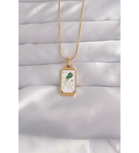 316L Çelik Gold Renk Beyaz Mineli Tarot Kolye 5886