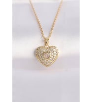 Gold Renk Zirkon Taşlı Kalp Kolye – 55 cm Paslanmaz Çelik Kadın Kolye (Gümüş)