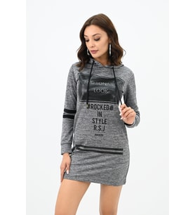 Kadın Kapüşonlu Baskılı  Sweat Elbise 7004 (Füme)