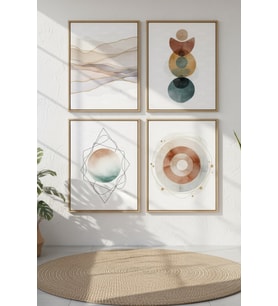 Pastel Geometrik Formlar Dekoratif 4’lü Ahşap Çerçeveli Tablo Seti - Salon Dekoru