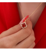 925 Ayar Gümüş Garnet Kolye, Yonca Gümüş Kolye, Gümüş Minimal Kolye, Zarif Gümüş Kolye (Gold)