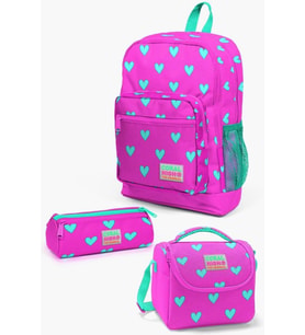 Coral High Kids Neon Pembe Su Yeşili Kalp Desenli 3’lü Okul Çanta Seti - Kız Çocuk