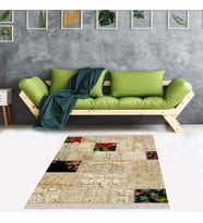 Patchwork Desenli Dijital Baskı Yıkanabilir Kaymaz Taban Etnik Salon Halısı ve Yolluk (Bej)