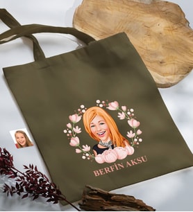 BK Gift Kişiye Özel Anneler Günü Karikatürlü Haki Kumaş Bez Çanta, Baskılı Omuz Çantası, Alışveriş Çantası, Anneye Hediye-3