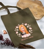 BK Gift Kişiye Özel Anneler Günü Karikatürlü Haki Kumaş Bez Çanta, Baskılı Omuz Çantası, Alışveriş Çantası, Anneye Hediye-3
