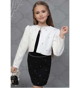 Kız Çocuk Üzeri Taş İşlemeli Etek Askılı Penye Bluz ve Beyaz Blazer Ceket Etekli