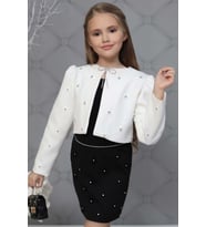 Kız Çocuk Üzeri Taş İşlemeli Etek Askılı Penye Bluz ve Beyaz Blazer Ceket Etekli