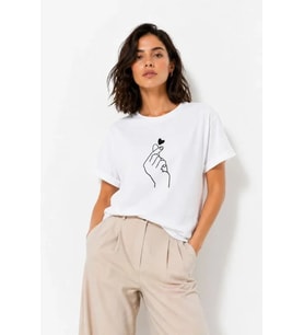 Kore Parmak Kalp Aşk Temalı Minimal Baskılı Tişört Yazlık Kısa Kol T-Shirt - Beyaz