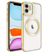 Apple iPhone 12 Kılıf Köşeleri Renkli Şeffaf Kamera Korumalı Magsafe Lüx Kılıf (Gold)
