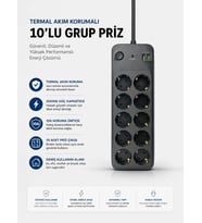 Termal Akım Korumalı USB Type-C Girişli 10'lu Grup Priz 2500W Güç Kapasitesi (Kopya)