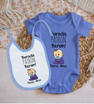 BK Kids Kişiye Özel Burada Patron Benim Tasarımlı Mavi %100 Pamuklu Kısa Kol Bebek Body Zıbın ve Mama Önlüğü Hediye Seti