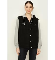 Kadın Kapüşonlu Kolları Penye Oversize Denim Ceket (Siyah)