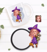 BK Gift Kişiye Özel Küçük Cadı Karikatürlü Beyaz Kupa ve Ahşap Bardak Altlığı Hediye Seti-1