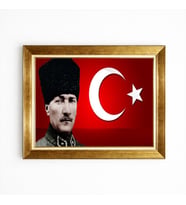 Tablore Gazi Mustafa Kemal Atatürk Portresi ve Ay Yıldız Türk Bayraklı Altın Çerçeveli Tablo - Kurumsal Makam Odası Tablosu